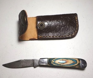lot 8 image: Pocket knife with leather sheath.  Bluegreen and natural wood grain handle.