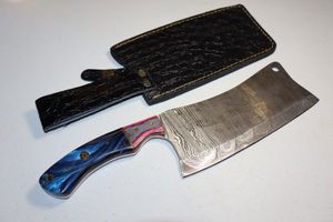 lot 2 image: Cleaver 7.5 blade knife with blue enamel handle and sheath