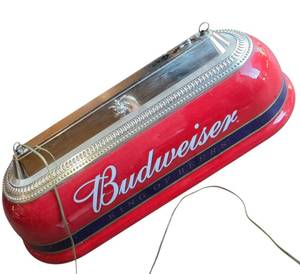 lot 2 image: HANGING FLORECENT BUDWEISER LIGHT. Fixture dimensions 48L x 19.5W x 14T. Bulb size 36L, requires qty 2.