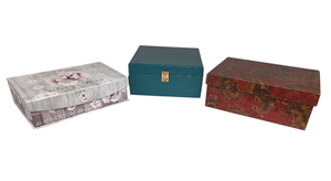 lot 151 image: 3 GREAT HARD CARDBOARD STORAGE BOXES. 1 floral exterior, magnetic flip top closure. Is 4T x 11.5W x 8.5D.   2 green, metal clasp flip top closure. Is 4.25T x 9.5W x 9.5D.   3 Browns & red, removeable top w The Best Journey  3T x 11W x 5D.