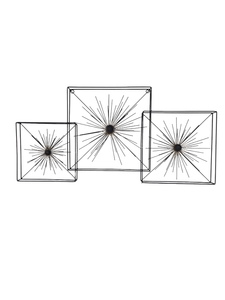 lot 153 image: 3 SQUARE INDOOR OR OUTDOOR BLACK METAL WALL ART WITH SUNBURST PATTERN. 15.5T x 32.5W x 1.5D