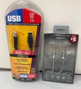 lot 24 image: 2 - piece set. Belkin USB cable A-B plugs 20 gauge wire, Windows &amp Mac compatible, accessories 6 charging cable type C-C. Both new in box