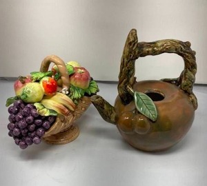 lot 48 image: VTG BASKET AKA capodimonte style or Arnate Sorrento. Chips on several leaves and the apple. 7.5T x 10.5L x 6W  VTG TEAPOT&nbsp a Magolica-style ceramic teapot with naturalistic design (insect &amp leaves make handle look like a branch). A rare find.