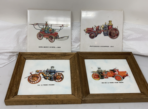 lot 105 image: 4 PIECE LOT 2 FRAMED TILES AND 2 TILE TRIVETS OF OLD MACHINERY