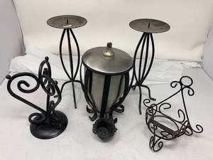 lot 127 image: LOT OF 5 ITEMS. 4 CANDLE HOLDERS AND ONE KEROCINE TORCH WWICK