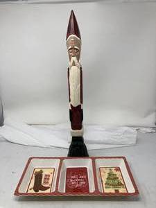 lot 126 image: LOT OF 2 CHRISTMAS THEMED ITEMS. TALL SANTA FIGURINE AND HORS DOEUVRE PLATER.&nbsp SANTA FIGURINE 19T x 3.25Diam. Christmas hors doeuvre tray, 3 way divided. 6.5W x 13L.&nbsp&nbsp