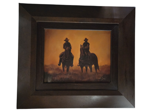 lot 57 image: JUDITH DURR NUMBERED PRINT - This is one of three pieces in this auction from her, all in identical frames 16.5 x 14.5. Cowboys riding their horses. Numbered print Durr-03341-5073
