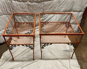 lot 240 image: LOT OF 2 ORANGE METAL TABLES. SMALL MEASURES 23T x 23W x 15.5W LARGE MEASURES 23.5T x 24.25W x 23.5W.