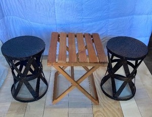 lot 244 image: LOT OF 3 1) WOOD COLLAPSIBLE TABLE 20.5T x 18.5W.  2&3) TWO METAL BLACK STOOLS 20T x 13.5DIAM.