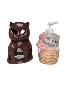 lot 72 image: CAT TEA LIGHT HOLDER AND CAT LIQUID SOAP DISPENSER
