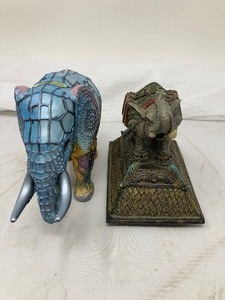 lot 230 image: 2-Piece Lot, 1)Lighted Colorful Elephant  5.2T  2) Decorative Resin Elephant Figurine on wood base, has one broken tusk 4.8T