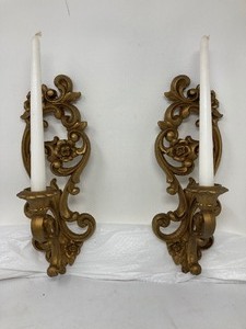 lot 234 image: LOT OF 2 CANDLE STICK HOLDERS, GOLD IN COLOR AND WALL MOUNT. 15T x 5W