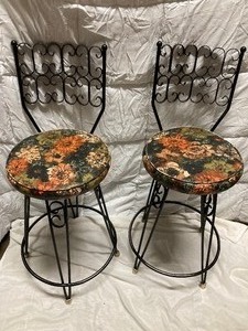 lot 237 image: PAIR OF SWIVEL BAR STOOL. ARTHUR UMANOFF GRENADA, WROUGHT IRON DESIGN WITH FLORAL PATTERN SEATS. A STUNNING SET. VERY HEAVY. 41.5T