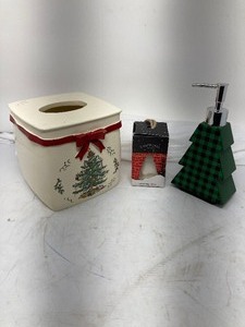 lot 258 image: LOT OF 3 BRAND NEW CHRISTMAS BATHROOM ACCESSORIES WITH A FEW MINOR SCRATCHES. KLENEX BOX COVER, PINE TREE SHAPE AND SENTED SOAP ON A ROPE, AND A CHRISTMAS TREE LIQUID SOAP DISPENSER.