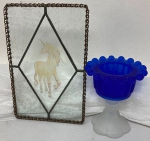 lot 261 image: 2-Part Lo t   1)  Frosted & Dark Blue Candle Holder -Two-Tone   2) Unicorn Etched in Glass for Wall, Metal with Geometric dES & Chain frame. 8 x 5.5
