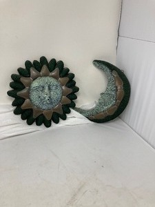 lot 199 image: 2-Piece Set IndoorOutdoor Art, Sun & Moon in Green & Gray Shades-Moon 8.8 x 7 x 1.8,  Sun 9 Dia x 2Deep