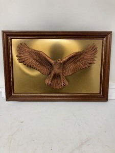 lot 203 image: PICTURE OF 3D EAGLE THAT LOOKS AS IF ITS COMING OUT OF THE PICTURE. VERY COOL 3D. IN GOLDS AND BLACKBROWN. FRAME IS 20W x 13T. EAGLE IS 15W x 7T.