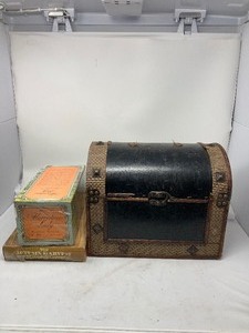 lot 207 image: ASHLAND HOME COLLECTION TREASURE BOX STORAGE WITH VINTAGE AVON PERFUMES STILL IN THE BOX. TRUNK IS 13.5W x 9.5T