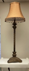 lot 208 image: 1960S TABLE LAMPTAN SHADE WITH COLORFUL GLASS BEADED FRINGE. 43T SHADE IS 14D x 9T