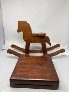 lot 210 image: 2-Piece Lot    1) Small Wooden Rocking Horse, 13T 20L 5,8W,  2) VTG Hinged Jewelry Box 8L 6.8 W 2.3D