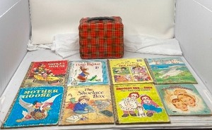 lot 211 image: VTG Metal, Red Plaid Lunchbox, 8 L  6.8 W  3.8 T,  with 8 Golden Books childrens books