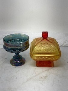 lot 214 image: 2-Piece Glassware Set 1) VTG Blue Indiana Carnival GlassCandy Dish, 5T 5W.  2) VTG Jeanette Amberina Candy Dish, 6,8T 6,5W 5.5D