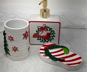 lot 215 image: 3-Piece Bathroom Set incudes liquid soap dispenser, 6.2T  4W  2.3D a bar soap dish, 5.5L   3.3W toothbrush holder, 4.3T  2.8Dia
