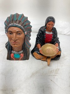 lot 216 image: 2-Piece Native American Theme. 1)VTG Native American Woman 5,8T.  2) NA Warrior Ceramic Bust, Unbranched, 6T.