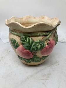 lot 217 image: 1980s Large Ceramic 3D Flower Pot. Raised Texture of Leaves & Flowers, 7.5T  8.5Dia