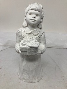 lot 223 image: VTG Austin Production Bright Eyes Heavy, All WhiteFigurine of Girl Bringing Gift, 9x3.5 x4