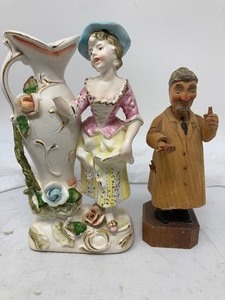 lot 224 image: 2-Ptece Lot  1) VTG Vase & Woman, Hand-Painted English Porcelain, 8,5T. 2) Handcarved Wooden Man 7T