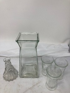 lot 227 image: 3-Part Lot   1)3 VTG Juice Glasses  3.8T.  2) Clear Glaass Hyacynth Vase Slight Green Tint 85T.   3) VTG Crystal Punch Bowl Stand