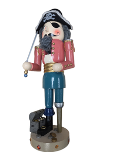 lot 160 image: 16 PIRATE NUTCRACKER WCHEST FILLED WITH TREASURE. HE HAS A PEG LEG, EYE PATCH, AND PIRATE HAT.