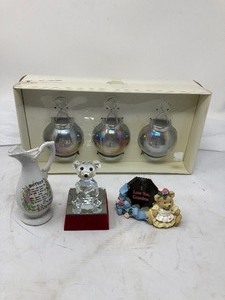 lot 263 image: 4-Part Lot 1) VTG Mini White Milk Jug-Mother 4.8T  2) Swaroski Crystal Teddy Bear on Mirror, 3.6T. 3) 3 Glass Lanterns in Original Box . 4) Cheerful Reflections - I Love Grandma, 3T