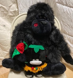 lot 269 image: Stuffed Animal - A large black gorilla carrying a red flower. He also brought along his crazy son.  Dad is 17T x 14 W.  Son is 8 x  8
