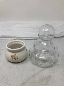 lot 271 image: Small  Trinket HolderVase with Floral Design  2.5T  3.5 Dia AND VTG Clear Glass AOTHOCARY Candy Jar, 2-Piece , 5.8T