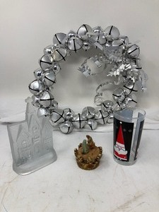 lot 279 image: Shiny Siver Metal Christmas Wreath  12.5 Dia AND Santa Glass 5.5T  3Dia AND Frosted Glass Church with Clear Glass Windows & Doors AND Small Nativity Scene Trinket Box 3T  2.3 Dia