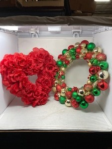 lot 281 image: 2 Christmas Dcor Pieces. One is a Christmas Wreath 22 Dia in Red, Green,Gold, & Silver AND Heart Shaped Wreath of Artificial Red Roses