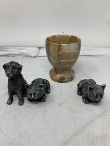 lot 296 image: POTTY FEET CATS &amp DOG FIGURINES. 3-PIECE PLANT RISER. USED TO LIFT A SMALL POT OFF THE FLOOR.1 DOG &amp 2 CATS. LOT ALSO INCLUDES A HAND CARVED MORTAR WO PESTIL.