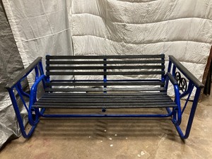 lot 181 image: PARK BENCH BLUE WITH LIGHT COLORED SEATING AND BACK SLATS&nbsp 27T x 48L x 20D
