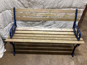 lot 188 image: PARK BENCH WITH A ROYAL BLUE FRAME WITH LIGHT WOOOD SLATS. 26T x 48W. 15 HEIGHT TO SEAT.