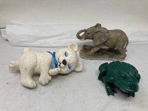 lot 161 image: LOT OF 3  1. ADORABLE CERAMIC TEDDY BEAR FIGURINE FAST ASLEEP.  2. CUTE RESIN FROG FOR INDOOR OR OUT.  3. GREY ELEPHANT RESIN FIGURINE WITH GREAT DETAILING