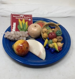 lot 166 image: 2-Piece Lot   1) VTG Cornucopia 8L   2) VTG 5-Piece  Alabaster Stone Fruit on Blue Serving Tray