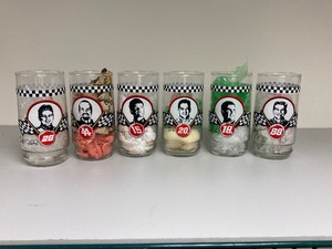 lot 180 image: 6 NASCARCoca Cola Drinking Glasses featuring 6 different iconic drivers and their cars  6T x 2.8Diam   20-Tony Stewart, 18-Bobby Labonte,   28-Ricky Rudd,   15-Michael Waltrip,  88-Dale Jarrett,   44-Kyle Petty