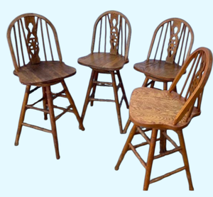 lot 37 image: 4 WOOD SWIVEL BAR STOOLS - Set of 4 swiveling wood bar stools. 46T . Seat height 29T. Seat dimensions 21W x 18D