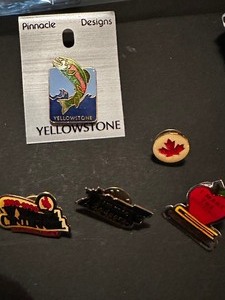 lot 274 image: Lapel pins- Wyoming, yellow stone, Tennessee, Apple