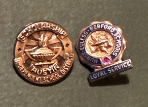 lot 278 image: Austin ISD service pin, HEB ISD service pin with stone in both gold filled