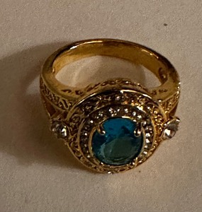 lot 168 image: NEW goldstone ring size .5 to 7 BLUE stone with zircon accents