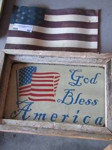 lot 42 image: metal flag dcor, god bless America framed wall art