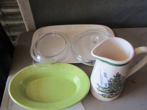 lot 88 image: handled Christmas pitcher, green plate, 2 glass lids, platter